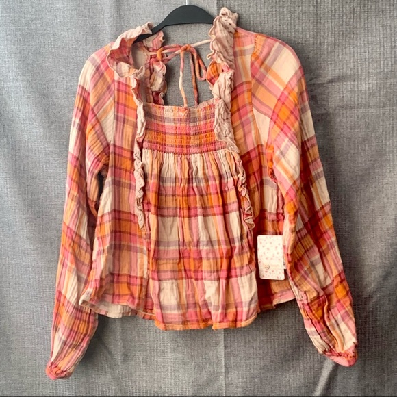 Free People Boho Ruffled Siena Plaid Pullover Top - Picture 2 of 10